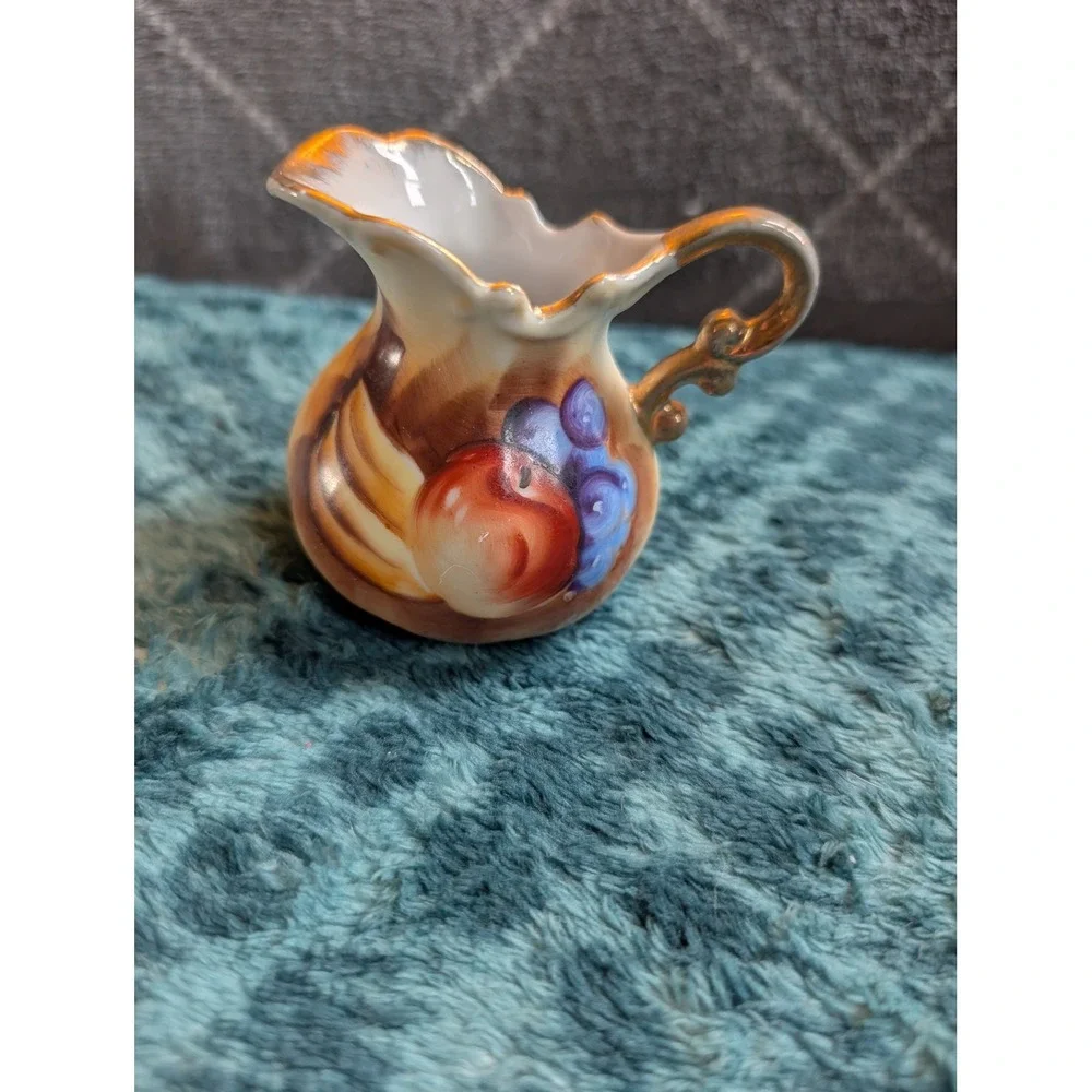 Vintage Miniature Porcelain Pitcher Fruit Motif Gold Gilt Trim E2359 Small Vase